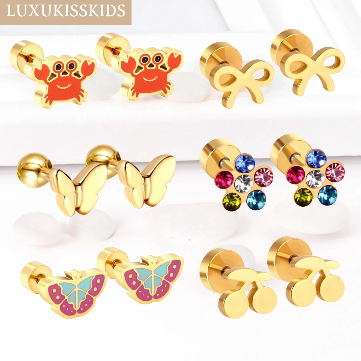 LUXUKISSKIDS Girls Stainless Steel Cherry Stud Earrings Tiny Simple Fashion Cute Flower серьги Butterfly Fairy Bowknot Jewellry