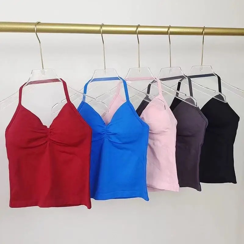 

Women's Backless Yoga Sports Vest Neck Hanging Sexy Fitness Pilates Tight Long Top Gathered Sports Bra for Yoga