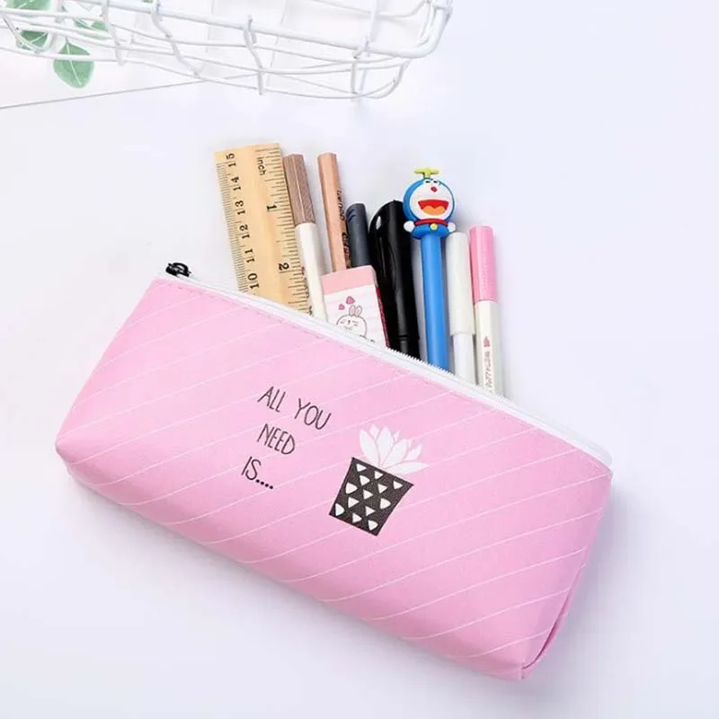 Cactus Random Pattern PU Leather Large Capacity Zipper Pencil Bags Simple Style Stationery Storage Bags School Supply
