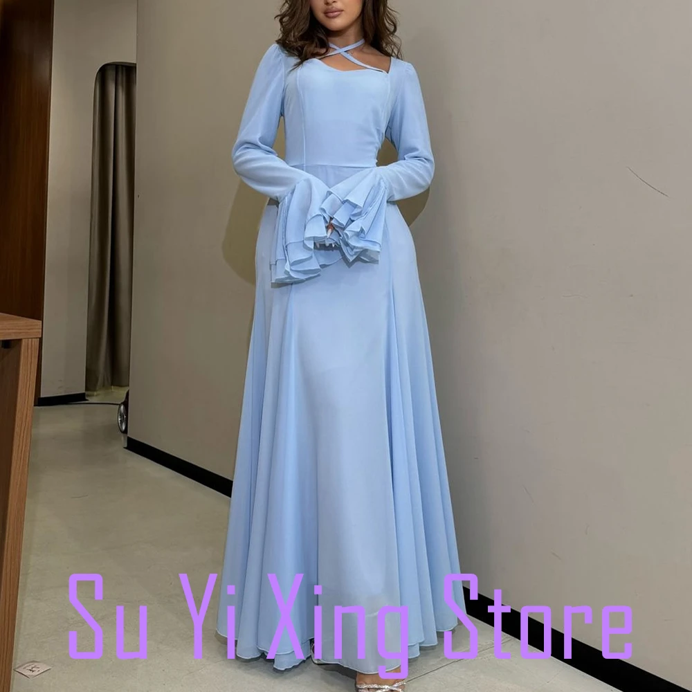 Customized Chiffon Criss-Cross Halter Long Sleeves Floor Length Pleats Ruffles Flare Sleeves Sweep Train Graceful and Fashion Ev
