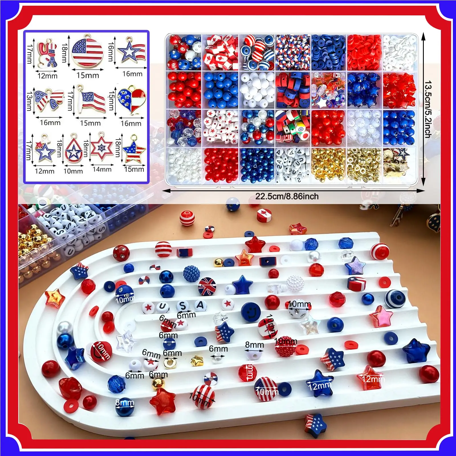 880+Pcs Red White & Blue Candy Beads Jewelry Making Kit, Patriotic Independence Day DIY Bracelet Supplies with Charms