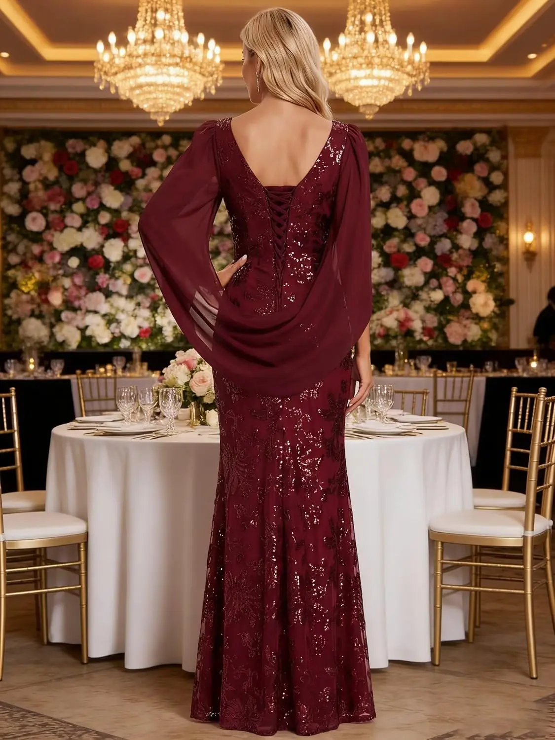 Elegant Prom Wedding Party Dress Sequin Mother of The Bride Dresses V Neck Mermaid Long Formal Evening Gowns with Cape Sleeves