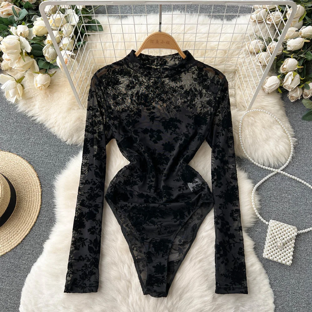 

Foamlina New Women Sexy Floral Lace Bodysuits Black O-neck Long Sleeve Hollow Out Mesh Bodysuits Slim Stretch Black Body Tops