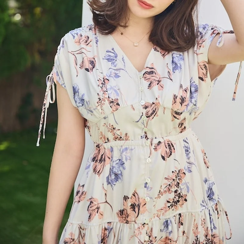 Neploe Japanese Fashion Sweet Femme Robe 2024 Summer New Women Vestidos V-neck Floral Print Drawstring Sleeve Slim Waist Dress