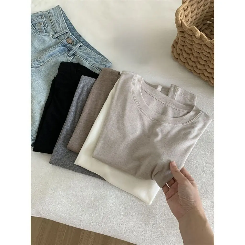 

Women's Pure Cotton Slimming T-shirt Summer Trendy Solid Color Short Sleeve Top Small Flying Shoulder All-match