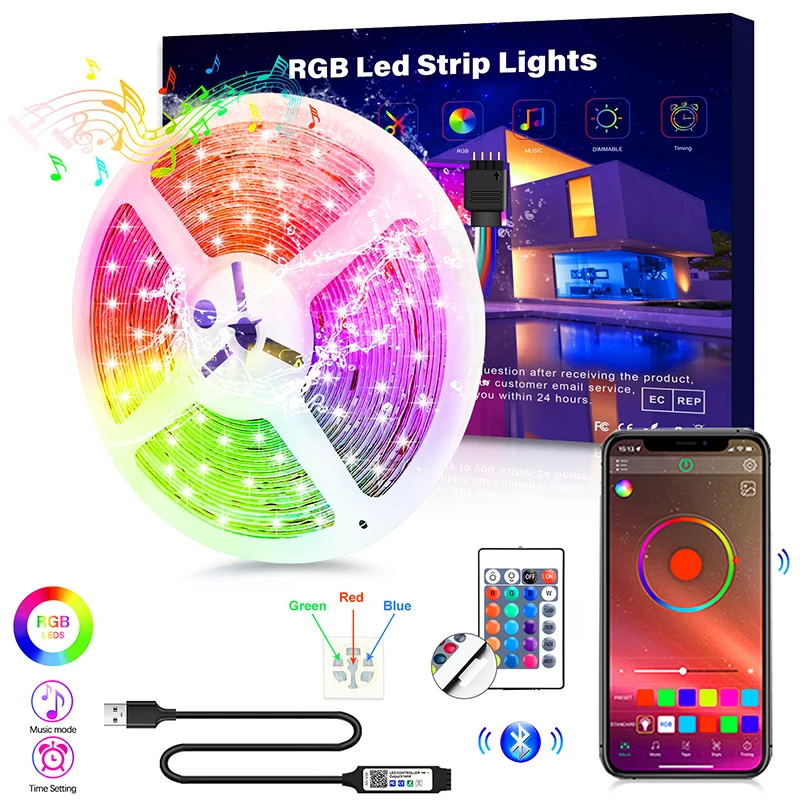 USB RGB Strip Light Color Changing Led Strip Lights Bluetooth Remote Music Sync DIY Fancy Led Lamp for TV Wall Room Home Decor