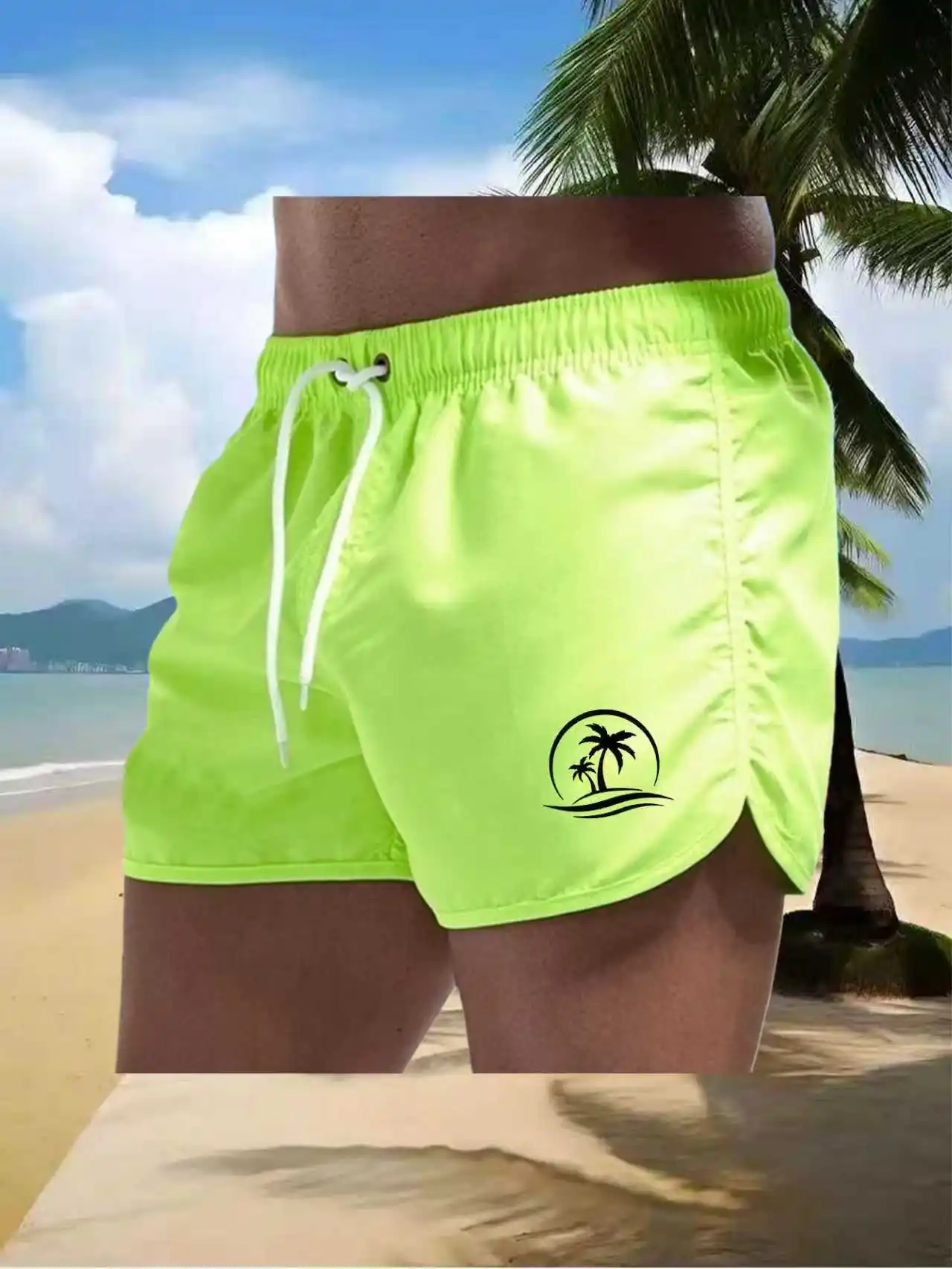 New summer men's printed swim trunks, quick-drying, breathable, slim-fit and stylish beach shorts, featuring a coconut tree prin