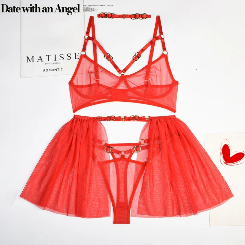 Bikini-Unterwäsche-Set, Metallring-Schnalle, Netz-Badeanzug trennt vierteiliges Set