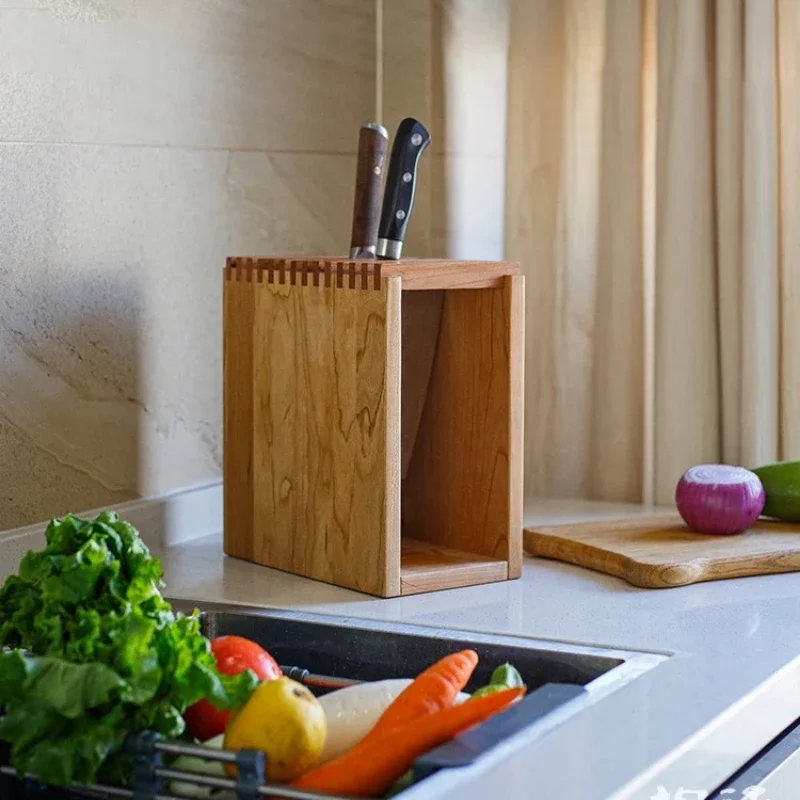 Solid Wood Tenon and Mortise Knife Rack, Large   Kitchen Knife Storage, Mold-Proof and Draining Knife Organizer for Kitchen