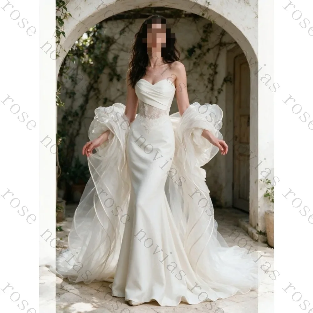 Customized Elegant Backless Trailing Mermaid Wedding Dresses 2026 New Strapless Lace Corset Fluffy Flowing Sleeves Bridal Gown