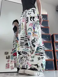 Graffiti baskı kadın pantolon Chic moda Harajuku İpli geniş bacak pantolon gevşek pantolon Sweatpants Streetwear kore Y2k