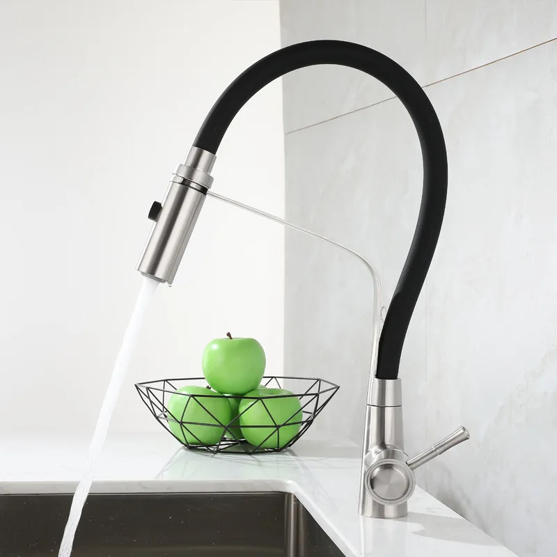 Stainless Steel Kitchen Faucet 360 Swivel Black Silicone Hose Pull Down Dual Sprayer Nozzle Hot Cold Mixer Water Taps Deck Mount