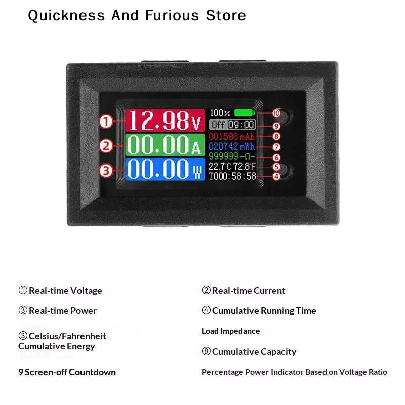 【T】9 In 1 Voltmeter Ammeter 10A 50A 100A Multifunction Volt Current Power Energy Impedance Capacitance Battery Electricity Meter