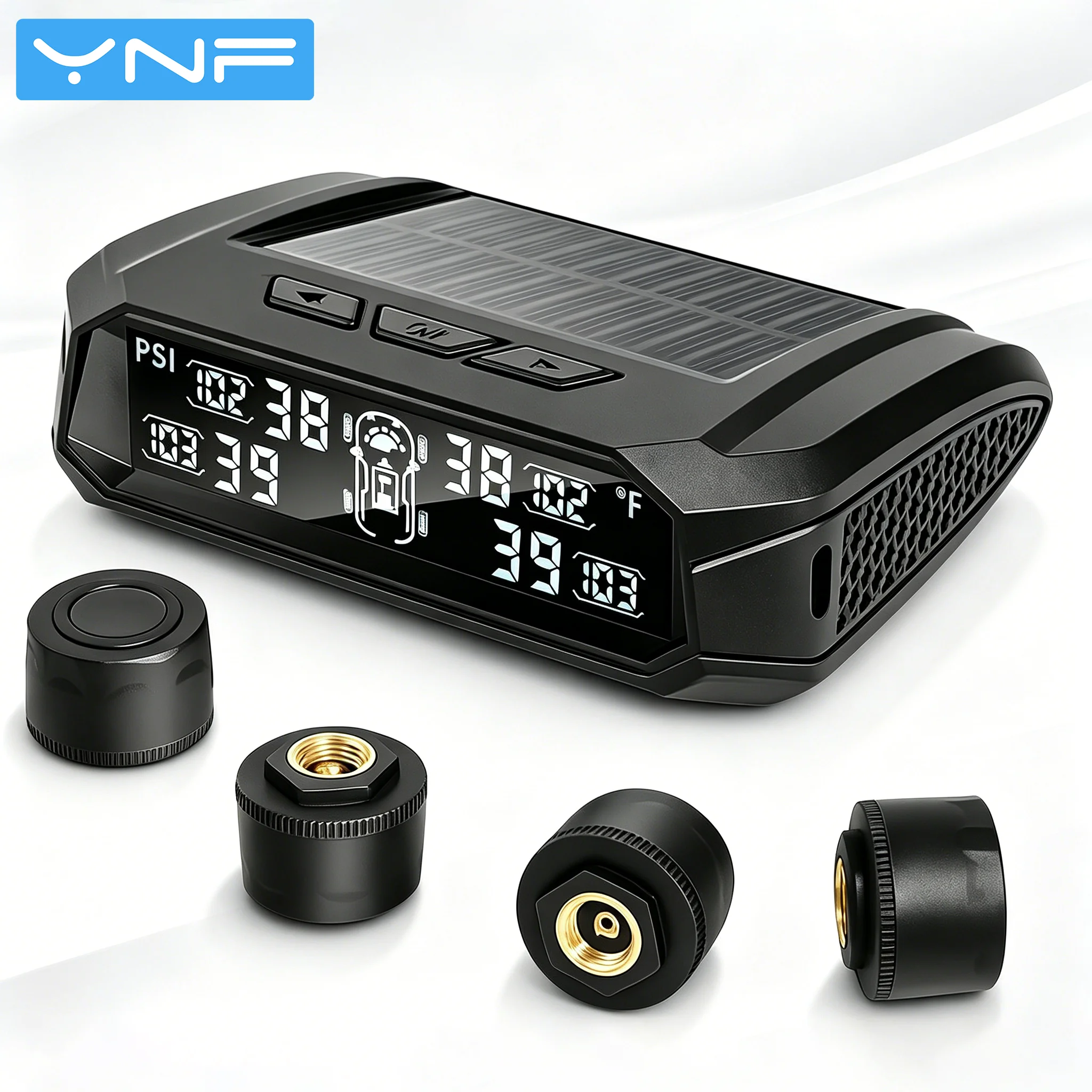 

YNF Solar TPMS, 4 External Sensors, 36V Universal, Real-time Pressure & Temp, Dual Power, Damage-free Install