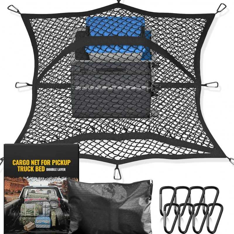 

Растягивающаяся грузовая сетка от 4 x 4 x 7 футов, двухслойная сетка с 8 карабинами для пикапа, внедорожника, грузовика, квадроцикла, UTV, хранения лодок