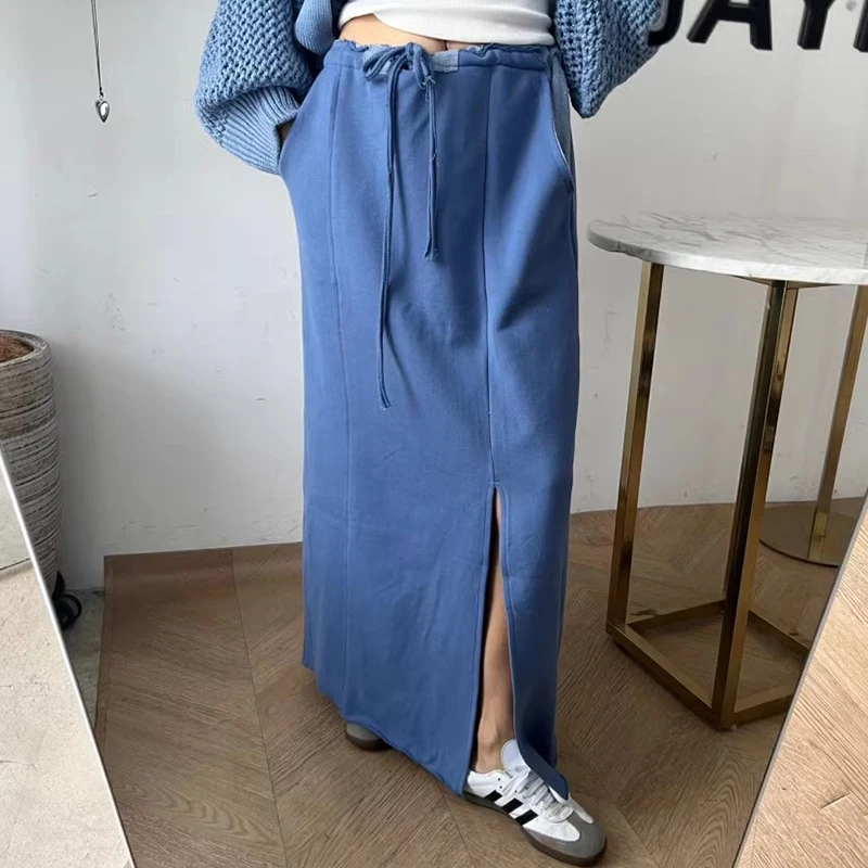 Chic High Waist Belted Long Straight Cut Midi Skirt for Women Side Slit Design Versatile Autumn Vintage Style Commute Friendly