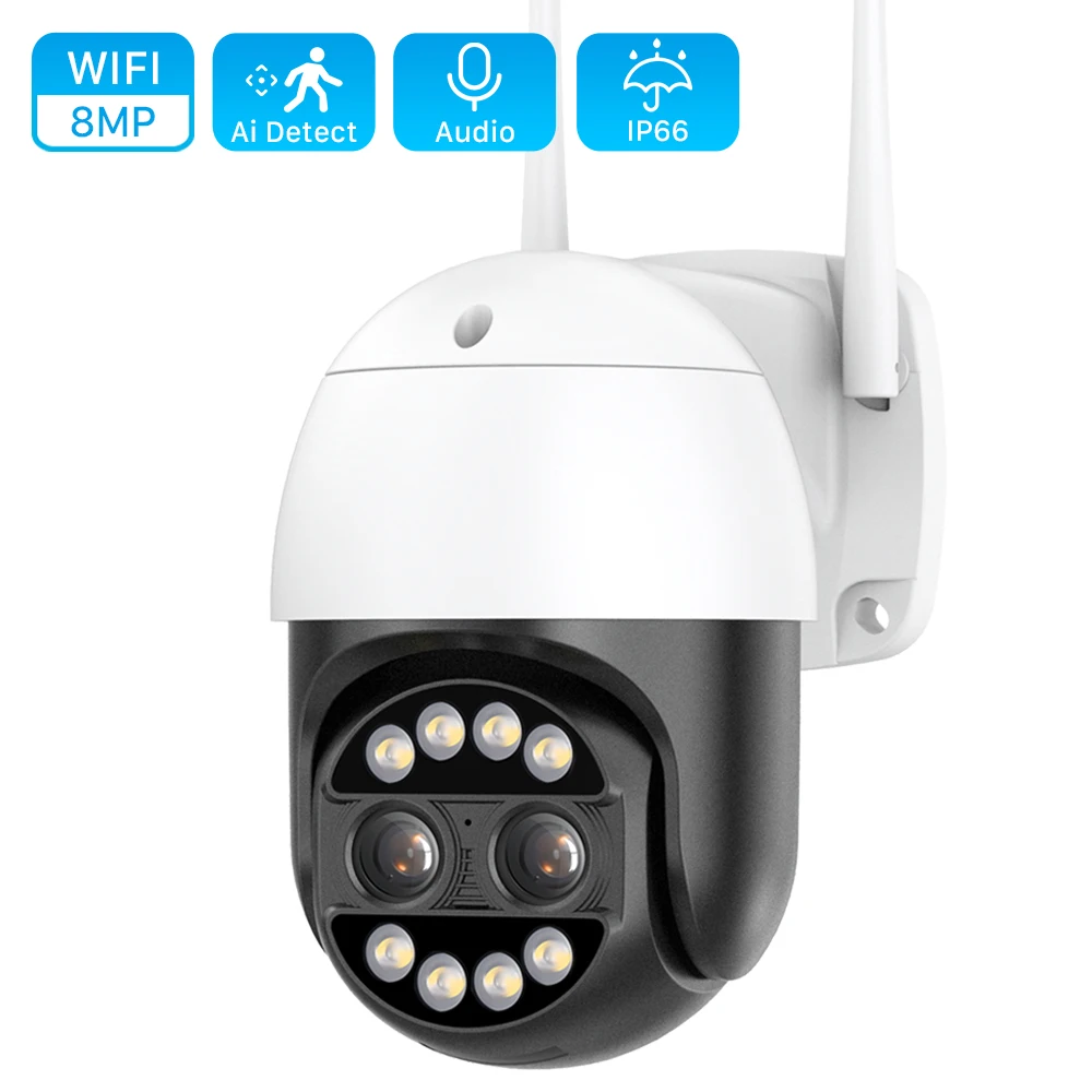 4K 8MP 2.8+12mm Dual Lens PTZ WiFi Camera 8X Digital Zoom Color Night Vision Human Detection IP Camera CCTV Video Surveillance