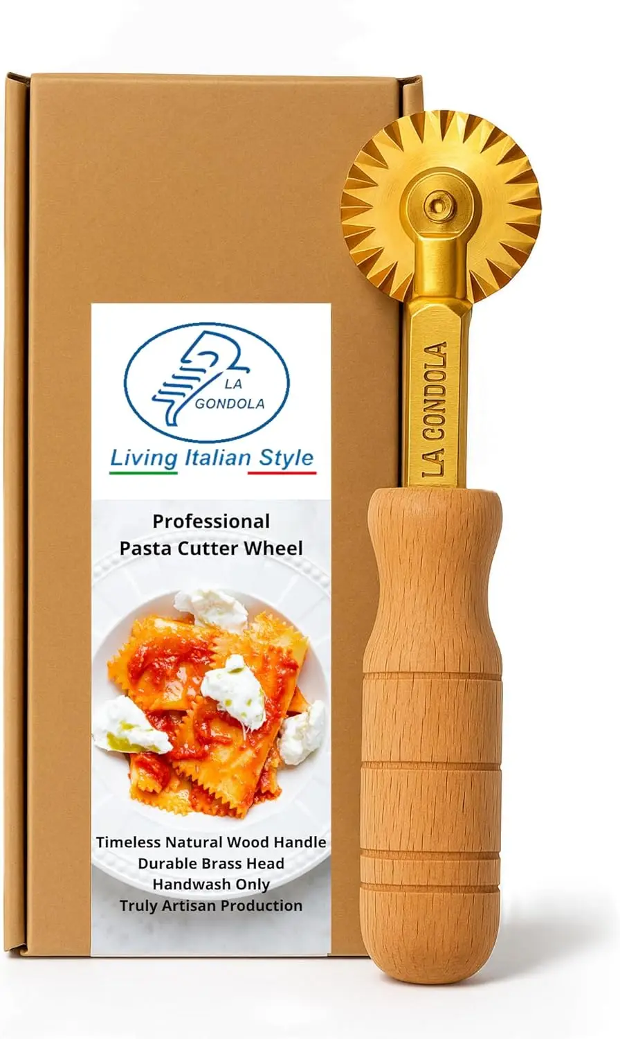 

Italian Pasta Cutter Wheel - Brass & Wood Tool for Homemade Ravioli, Easy to Use in Home or Business