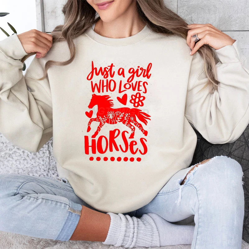 Just A Girl Who Loves Horses Print Women Hoodies Flower Horse Farm Casual Sweatshirts Funny Horse Mom Gifts Sweatshirt Jumper