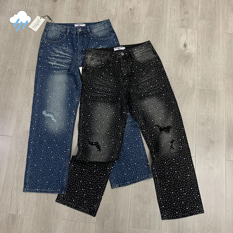 

2025 Casual Fashion Couple Straight Leg Blue Black Vale Jeans Men Women Unisex Full Rhinestone VALLEY Denim Pants With Tag