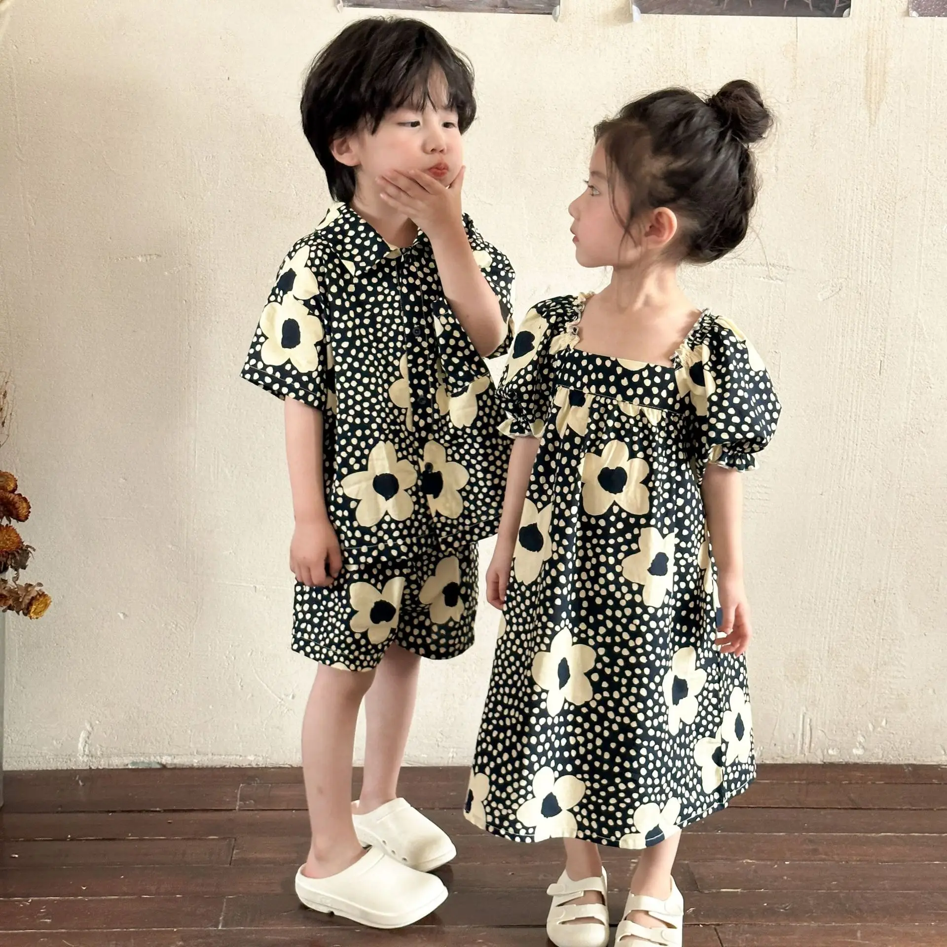 Brother Sister Clothes 2024 Summer New Girls Dresses Flower Print Shirts+Shorts 2Pcs Children Clothes Sets Holiday Boys Outfits