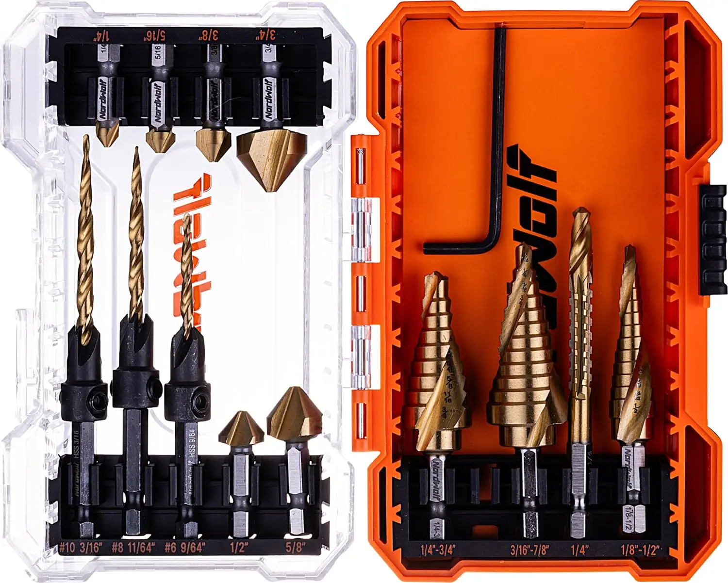 

13-Piece HSS Titanium Step Drill Set with Countersink, Tapered Bits, and Storage Case