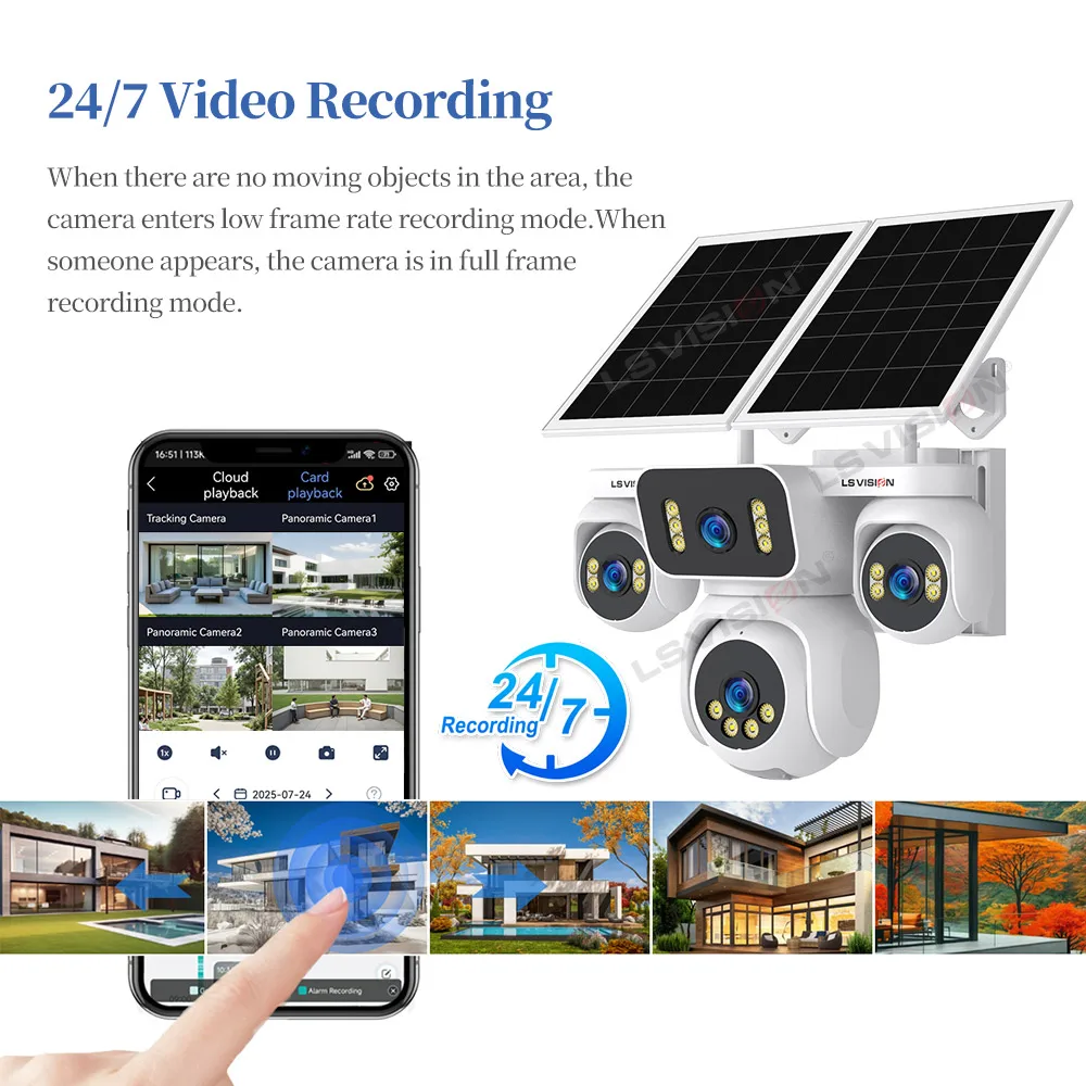 LS VISION Four Screen Outdoor Surveillance Cameras Solar Energy	4 Lens PTZ Cctv Monitoring 4G Ecloud -Sim 24/7 Recording Video
