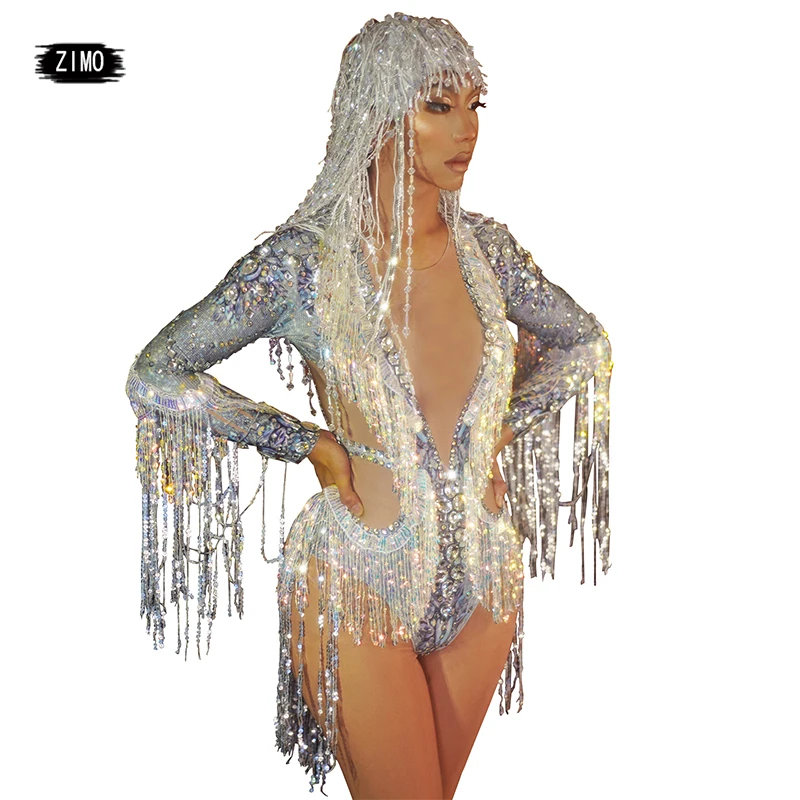 

fashion Sparkling Silver Rhinestones Sequins Tassel Party Bodysuit women Stretch Dance Fringes Club DS Singer Leotard Stage Wear