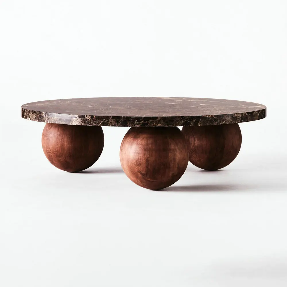 ✗X Luxury Living Room Deco Round Emperador Marble Sofa Table Beech Wood Ball Base Natural Stone Top Hand Made Coffee Table&