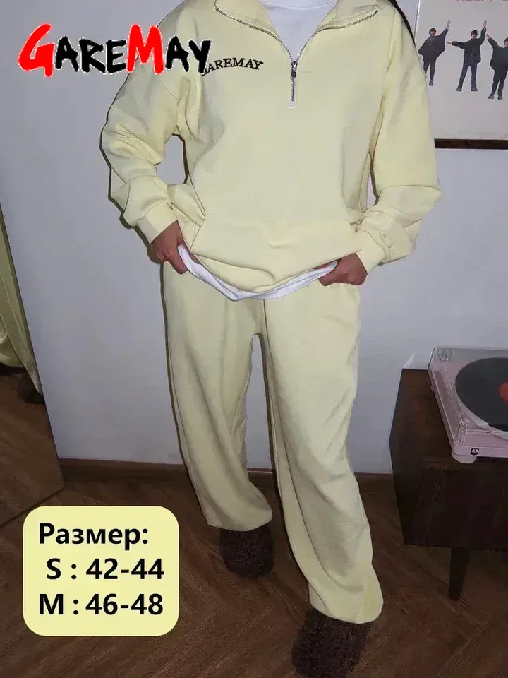 Spring Women's Tracksuit with Zipper Cotton Oversize Classic Pink  Two Piece Set Women Casual  Yellow Trouser Suits for Women, image 2