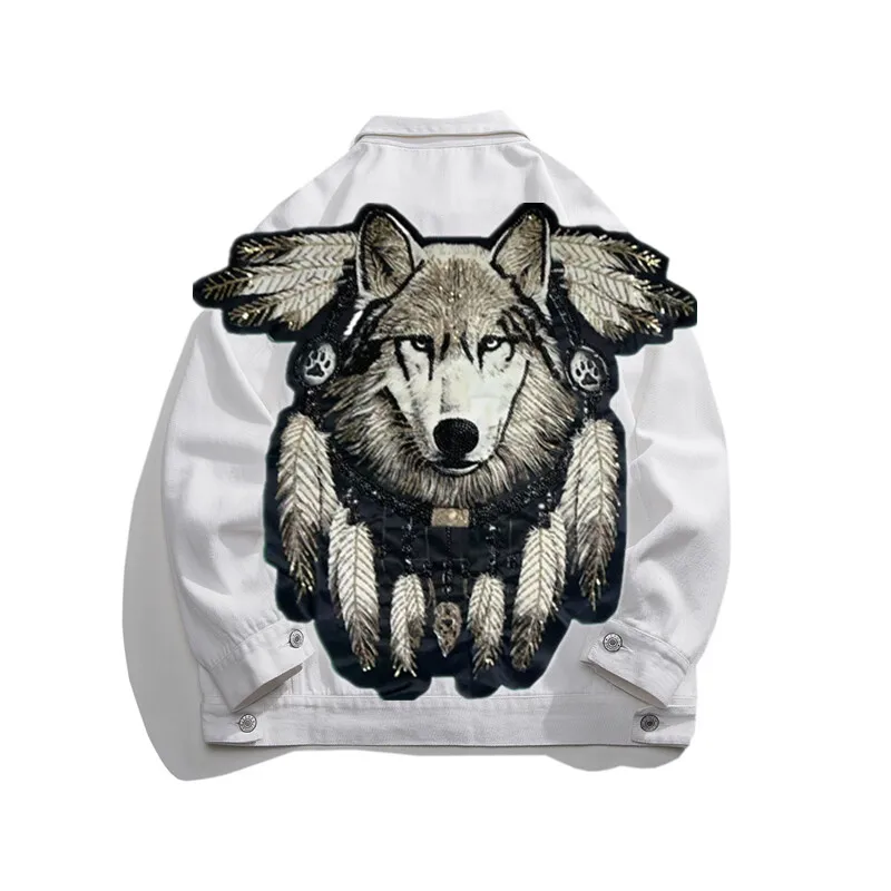 American Streetwear Fashion Heavy Metal Wolf Embroidered Patch Jacket Men Hip Pop Punk Beads White Denim Jackets Men Clothing