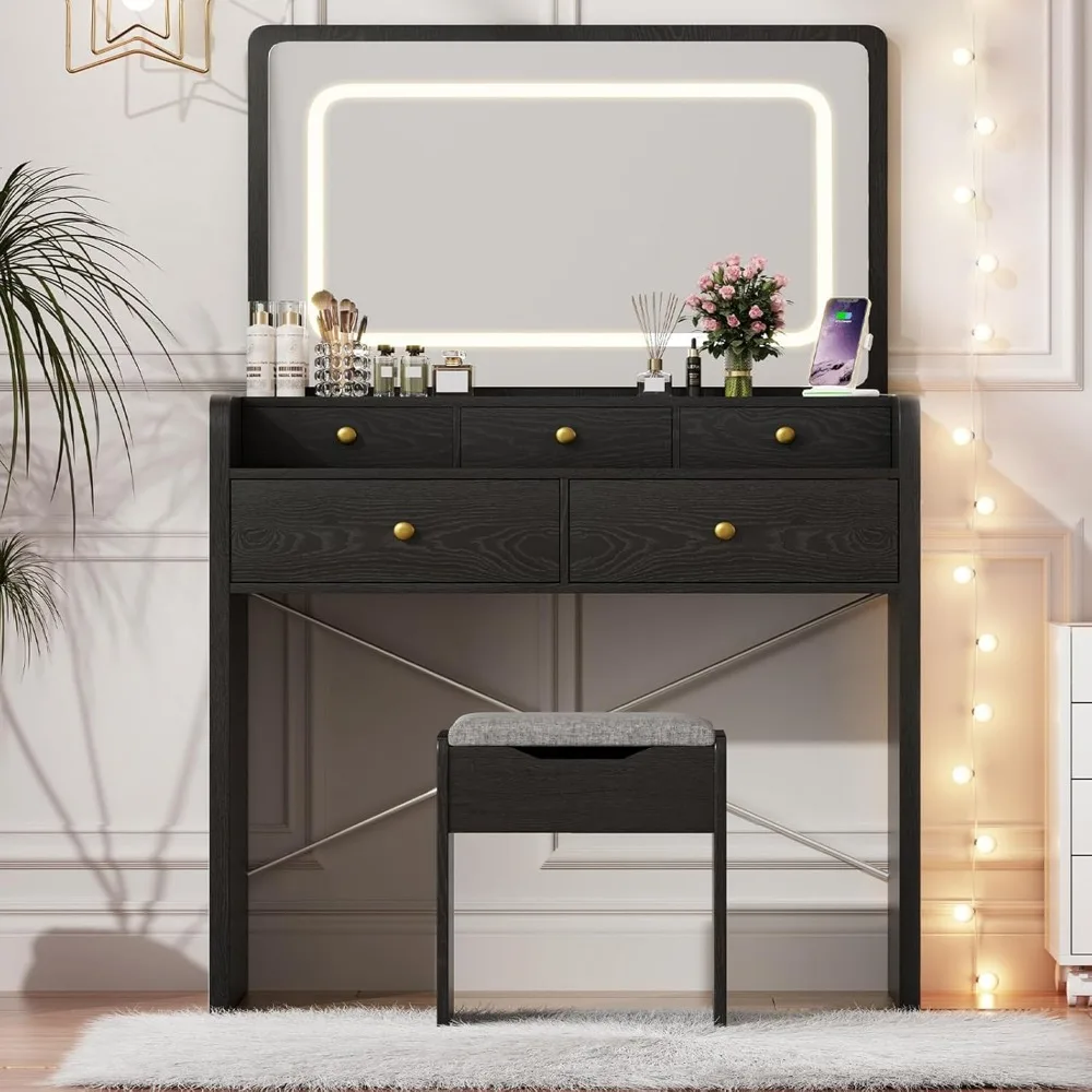 

Vanity Desk with Mirror and Lights, Makeup Vanity Table with 5 Drawers, Storage Stool, Large Mirror Dressing Table Vanity