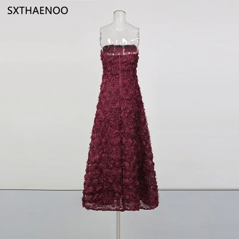 SXTHAENOO مثير حمالة ثلاثية الأبعاد زهرة الزهور فستان طويل المرأة بورجوندي بلا أكمام عارية الذراعين الأزهار ألف خط فساتين السهرة حفلة