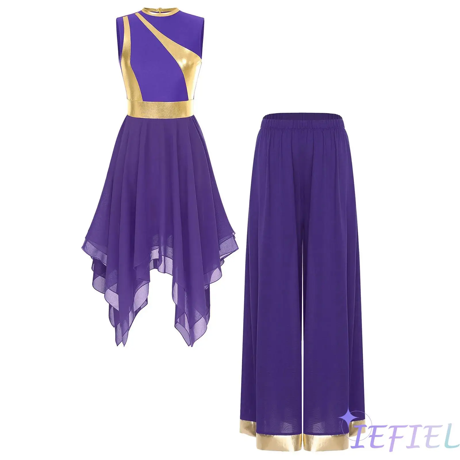 

Womens Worship Praise Dance Outfit Sleeveless Irregular Dress And Wide Leg Pants Metallic Shiny Patchwork 2-piece Dance Costume