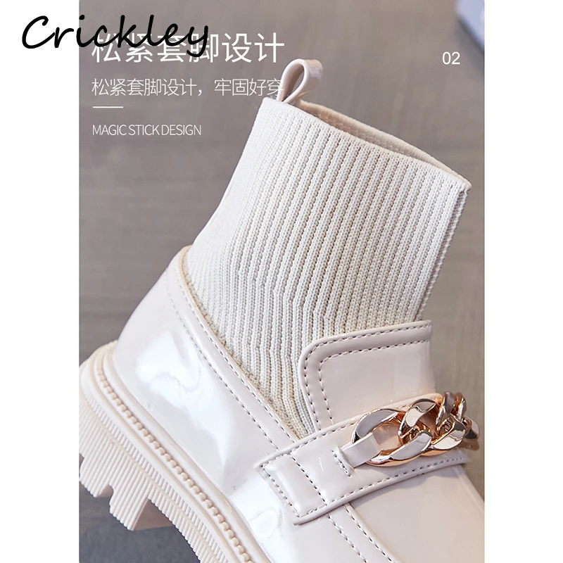 Metal Chain Girls Boys Fashion Boots PU Leather Knitting Patchwork Slip On Kids Socks Shoes Anti Slip Children Ankle Boots