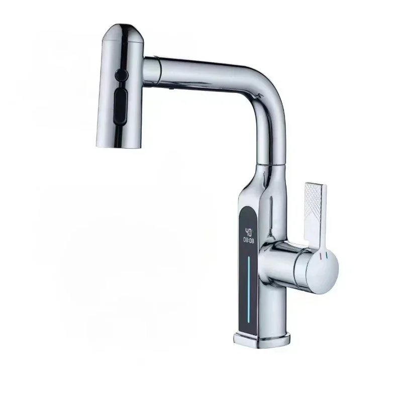 Bathroom sink faucet LED display temperature silver multifunctional pull-out faucet