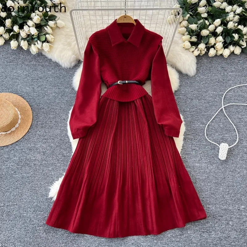 Dress Suit Women Clothing 2 Piece Sets Knitted Vest Slim Waist A-line Pleated Dresses Outfits Roupas Femme Korean Vintage Set