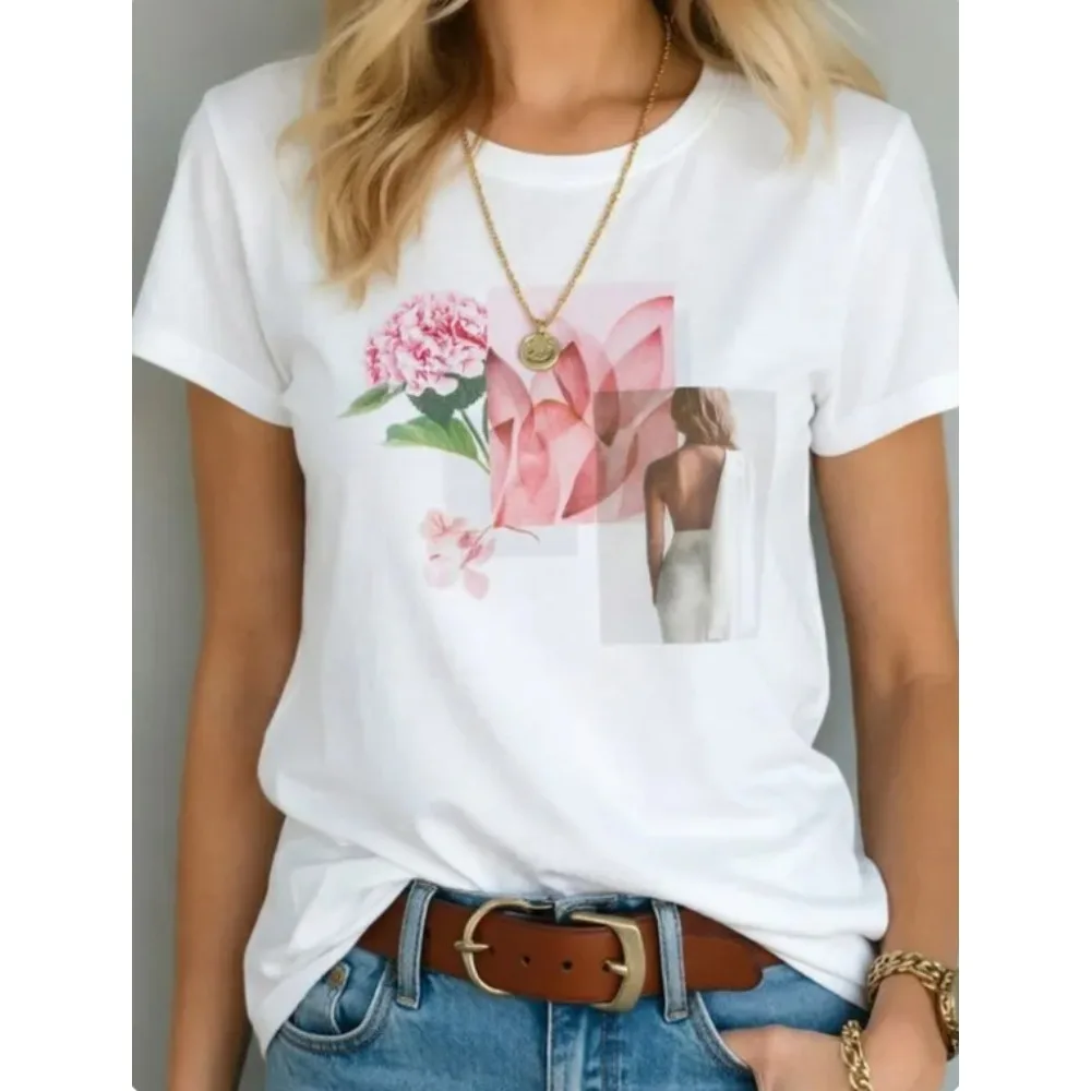 Vintage Floral Collage Figure Art Print T‑Shirt Women Aesthetic Pink Flower Graphic Casual Loose Short Sleeve Daily Tops