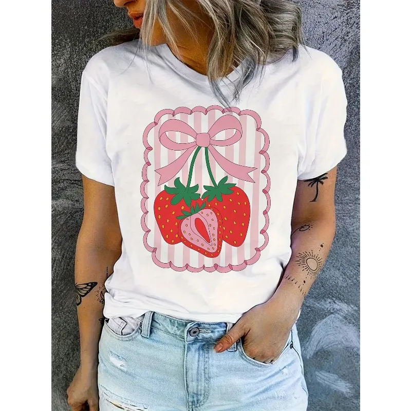 

Женская легкая повседневная хлопковая футболка с короткими рукавами и милым клубнично-розовым бантом, дышащий свободный топ с круглым вырезом Y2K