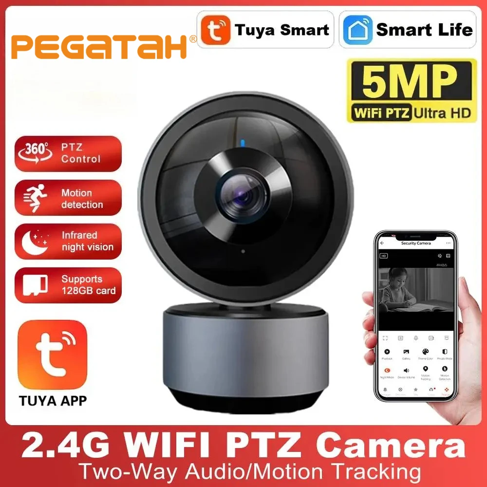 PEGATAH 5MP WiFi Video Surveillance Camera with Night Vision Two-Way Audio Auto Tracking PTZ Security Camera Smart Home Camera
