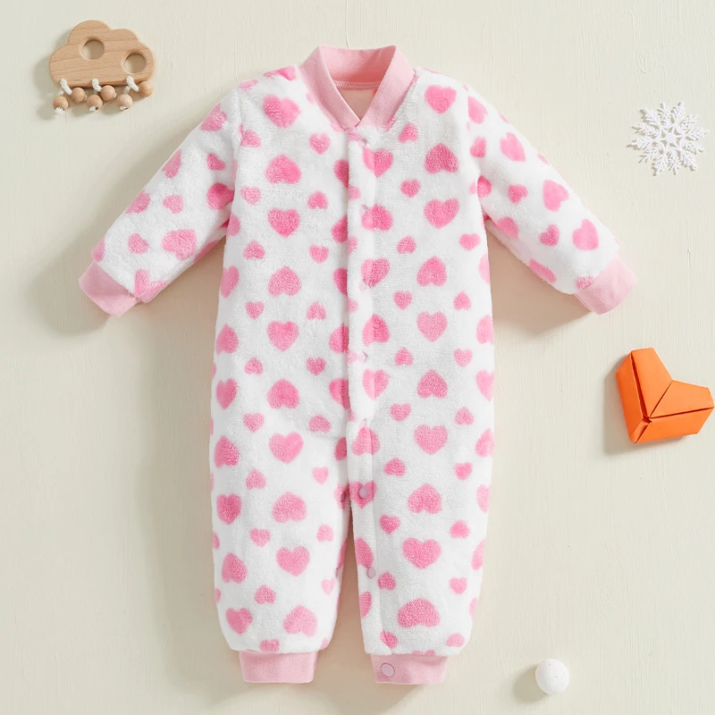 Baby Jumpsuit Long Sleeve Button Closure Heart Winter Romper Loungewear for Boys Girls