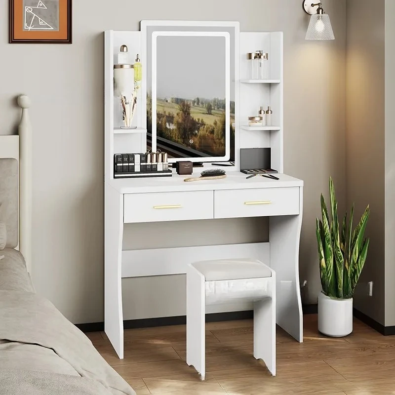 Vanity Stool with Storage Makeup Dressing Table Bedroom Furniture Compact Vanity Set for Small Spaces Apartment Rental Home