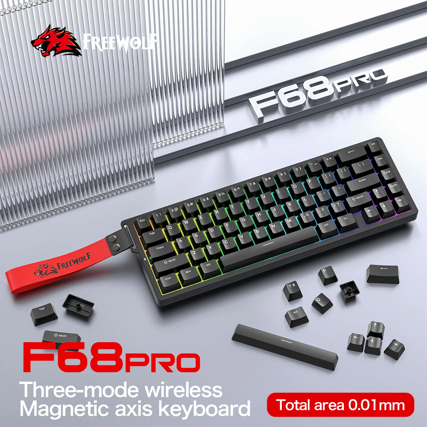 F68Pro Magnetic Switch Gaming Keyboard 0.1ms Ultra Low Latency 8000Hz 3-Mode Wireless Web Driver FREEWOLF F68 RGB Backlit