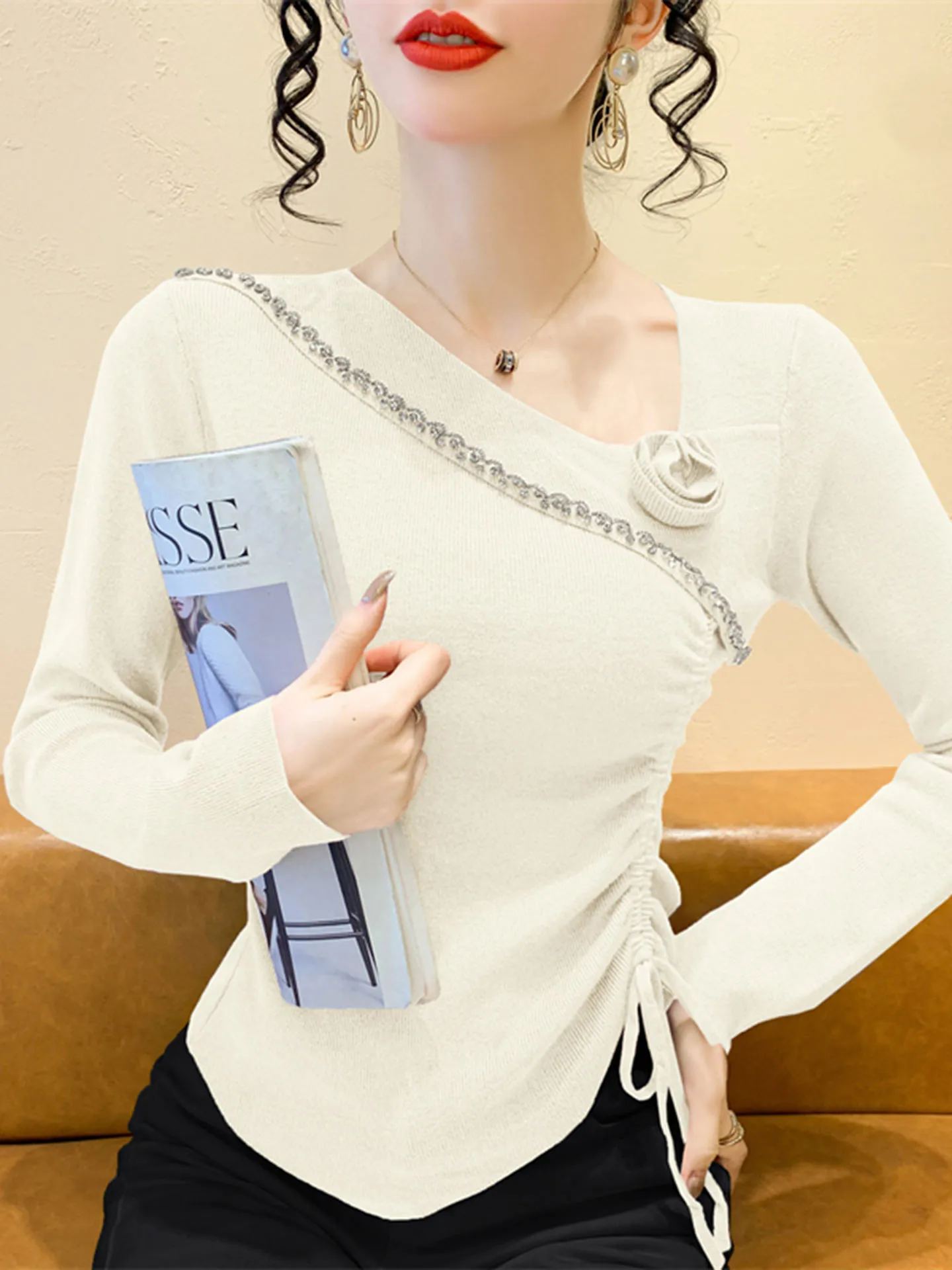 المرأة الخريف الشتاء متماسكة سترة غير النظامية الخصر البلوز القمم بلوزة تونك عادية #4