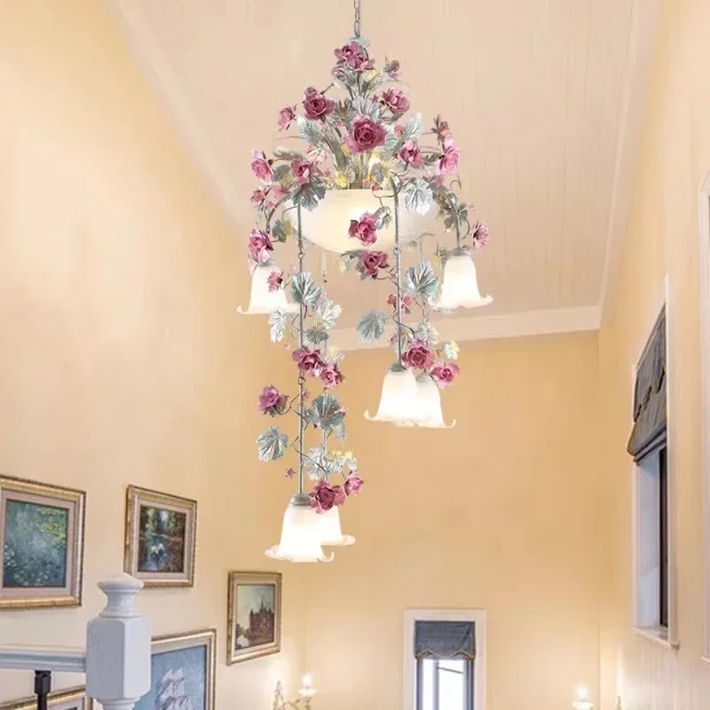 

Pastoral Style Staircase Pendant Lamps Korean Romantic Handmade Iron Flower Luminaire Rose Lantern Long Glass Chandeliers