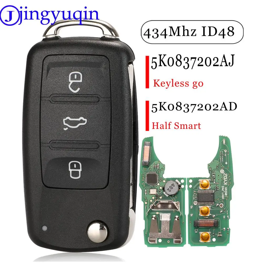 jingyuqin 3 Buttons Keyless go 5K0837202AJ/AD 434MHZ ID48 Remote Key For VW Caddy Eos Golf Jetta Beetle Polo Tiguan Touran