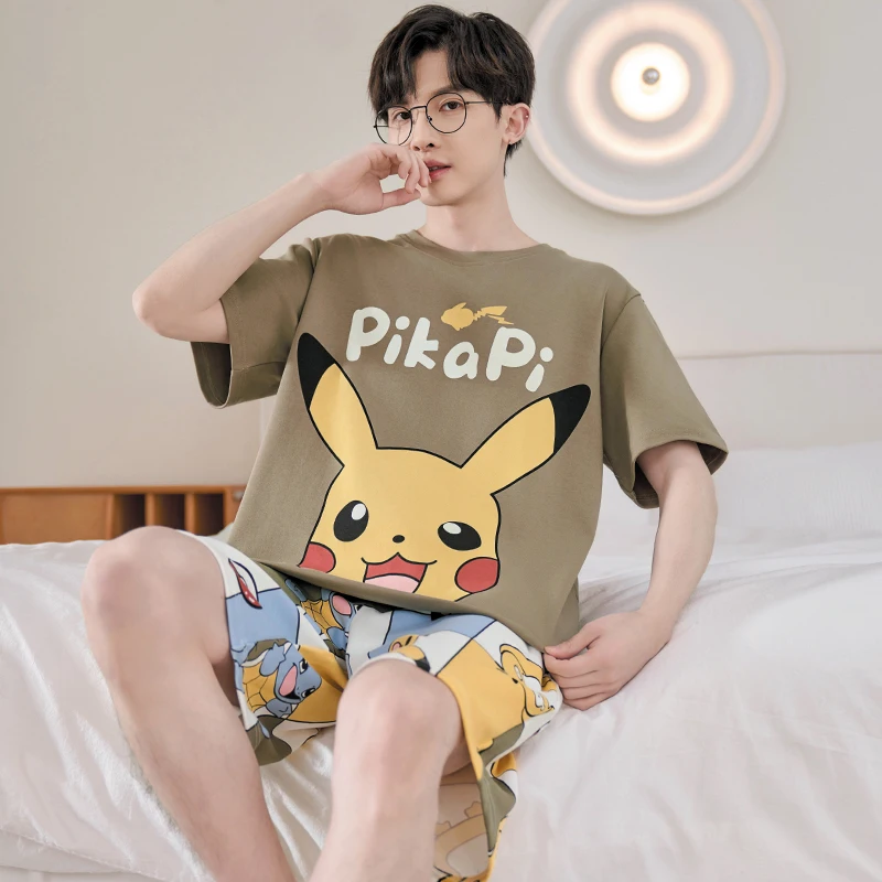 2 Pieces Sets  Men's Summer Cotton Pajamas Boys Short Sleeping Cartoon Sleepwear Male Casual Nightwear Pijama pyjama night cloth