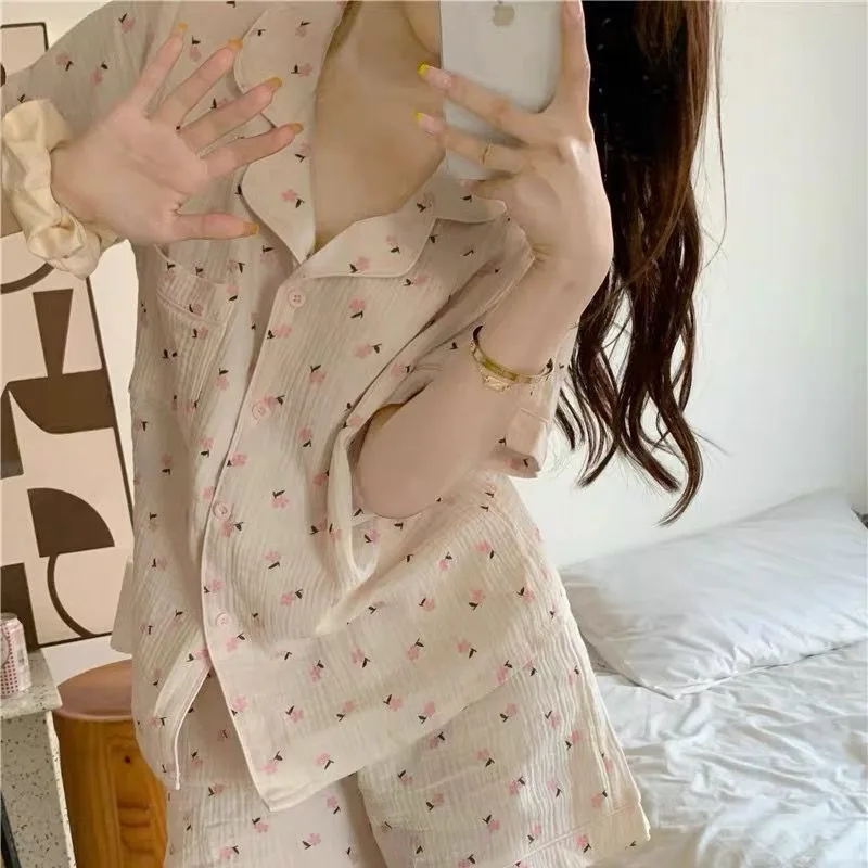 Summer Women Sweet Pajama 2pcs/set Lady Causal Loungewear Outdoor Wearing Girls Floral Print Fashion Comfortable Home Clothes