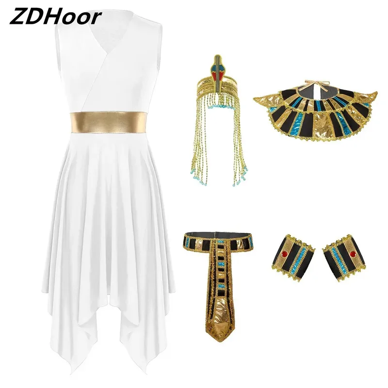 

Women Egyptian Cleopatra Cosplay Costume Set Asymmetric Hem Dress with Collar Belt Wristbands Headwear for Halloween Performance