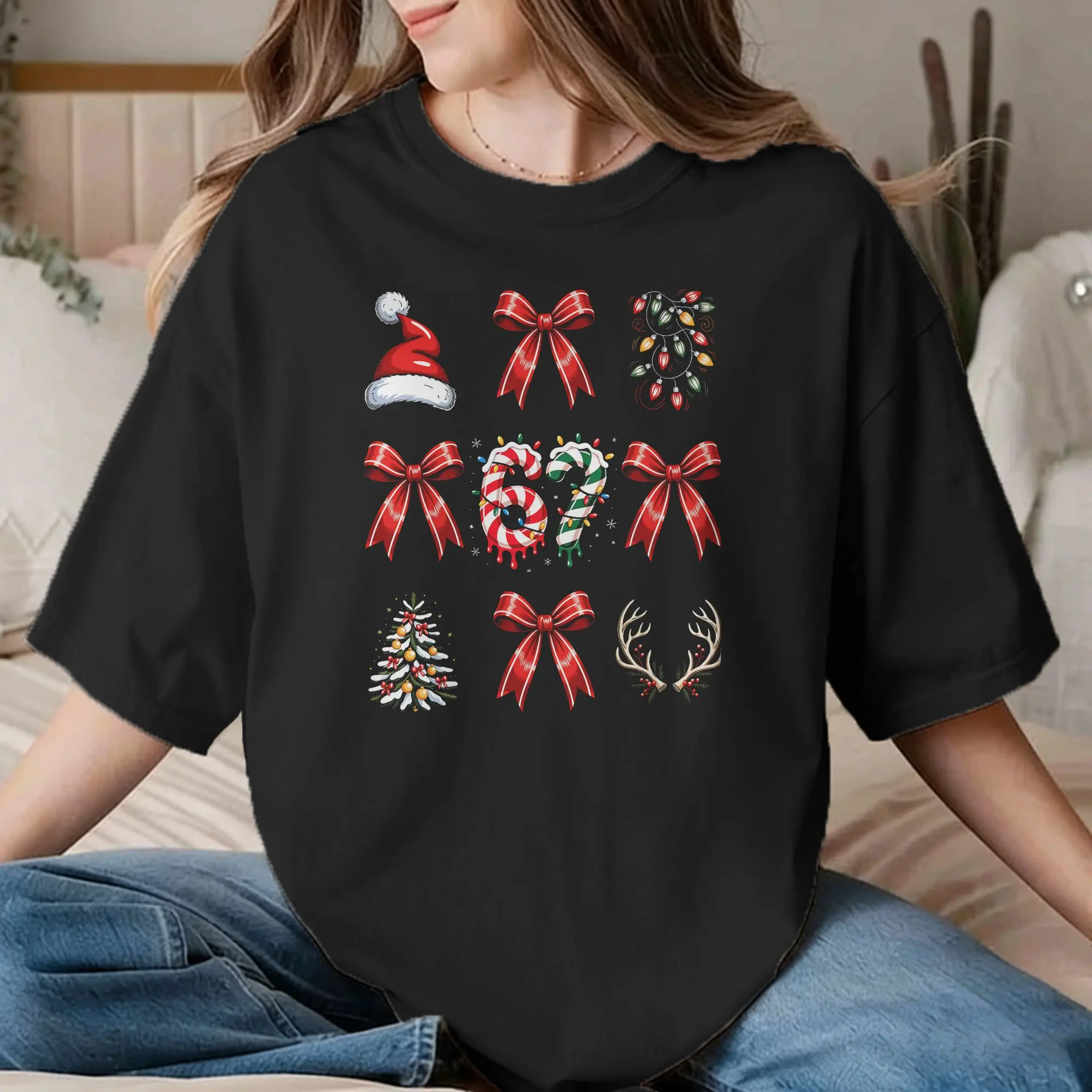 Camisetas de Natal com o Número 67 e Luzes de Natal para Homens e Mulheres, Camisetas Engraçadas de Algodão Puro com Gola Redonda, Tamanhos Grandes